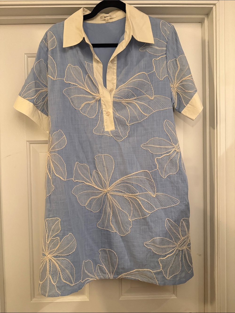 Lalavon Light Blue Floral Embroidered Short-Sleeve Shirt Dress